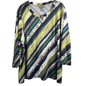 Chicos‎ Women's Top Size XL Colorful Blue Green 3/4 Sleeve Stretch Pullover